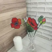 stained glass suncatcher flowers, Bouquet In Vase red poppies