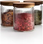 Mason & Fable Ribbed Glass Jar with Wooden Lid Set of 3-17 fl oz | Airtight Fluted Glass Storage Container for Food, Pasta, Coffee, Candy, Dog Treats, Snacks | Glass Canisters for Home & Kitchen