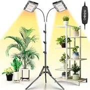 Grow Light with Stand, LBW Dual Heads Full Spectrum Grow Light, 200W LED Plant Lights for Indoor Plants, Auto On/Off Timer, 6 Dimmable Levels, 3 Switch Modes, Adjustable Tripod Stand 15-63 inches
