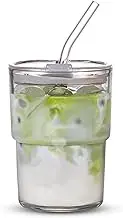 BLUEPOLAR 13oz/400ml Tumbler Water Glass, Glass Coffee Cups with Lids and Straws, Iced Tea Cups Insulated Glass Cup （White