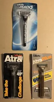VINTAGE Gillette Mach 3 Turbo Metal Razor + Atra + Atra Plus NEW FACTORY SEALED