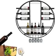 Metal Wine Rack Bar Shelves Wall Mounted Liquor Bottle Display Shelf with Wine Glass Rack Mini Bar Alcohol Cabinet Round for Kitchen Dining Room Home Bar(Color:Black,Size:90 * 11cm