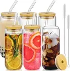 20 Oz Drinking Glasses with Bamboo Lids and Glass Straw - 6 Pcs Can Shaped Glass
