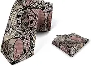 [Ambesonne] Victorian Men's Tie Set, Black Lace Pattern with Geometric Shapes and Floral Inspirations Vintage Art, Necktie Set Groom Handkerchief for Parties Weddings & All Occasions, Multicolor,