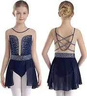 [iEFiEL] Ballet Skirted Leotard for Girls Figure Skating Dress Sparkly Lyrical Dance Costume Sequins Camisole 6-16 Years