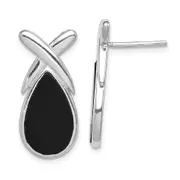Sterling Silver Rhod-Plated Polished Onyx Teardrop X Post Drop Earrings