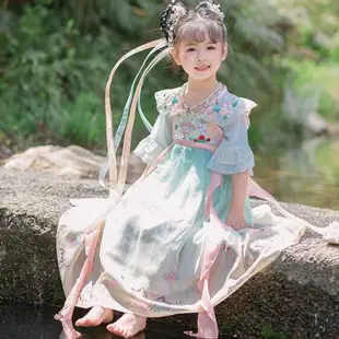 兒童漢服夏季中國風古裝連衣裙子仙氣女童刺繡民族服裝童裙襦裙