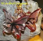 BUTTERFLY RED SILVER FOIL MURANO ART GLASS CEILING FAN LIGHT SWITCH PULL LG PAIR