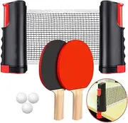 Ping Pong Paddles Set, All-in-One Portable Table Tennis Set with Retractable Net, 2 Rackets, 3 Balls and Carry Bag Game Table Accessories for Children Adult Indoor/Outdoor Games Family Fun, Gift