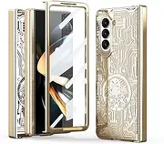 [YJZSKRXFAK] Case for Samsung Galaxy Z Fold5 2023, Electroplating Crystal Pattern Case with Hinge Protection and Built-in Front Screen Protector Cover Case for Galaxy Z Fold 5 2023-Gold