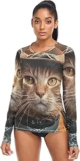 [RPLIFE] Cat Funny Cute Animal Women's Long Sleeve Running Top, Petite Rash Guard Tops XS-XL, Cat Funny Cute Animal, Large