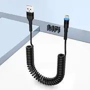 Coiled iPhone Lightning Cable for Apple CarPlay, Coiled USB to Lightning Cable with MFi, Short Retractable iPhone Charger Cord Fast Data Sync with LED