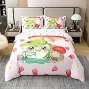 Castle Fairy Kawaii Frog 100% Pure Cotton Duvet Cover Full Size Pink Strawberry Comforter Cover with 2 Pillowcases for Teens Adults Mushroom Snails and Ladybugs Breathable Bed Cover