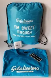 GELATISSIMO Gelato Ice-Cream Blue/White Promo BACKPACK + XL T-SHIRT + SWEATBAND
