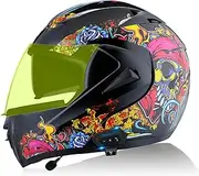 Bluetooth Motorcycle Helmet with Double Sun Visor Modular Full Face Flip Up Helmets Built-in Speaker Motocross Protective Cover for Adults Men Women ECE/DOT Certified A,S(55-56CM)