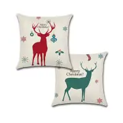 Set of 2 Pillow Covers 18x18, Christmas Red and Green Deer Design Linen Fabric