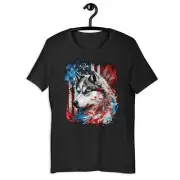 Patriotic Siberian Husky Malamute Wolf American Flag Unisex T-Shirt Gift