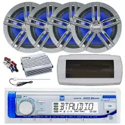 Dual Bluetooth Marine Radio, Cover, Antenna, Amp w/Kit, 4x 6.5" Charcoal Speaker