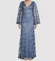 $698 Tadashi Shoji Women's Blue Sequin Lace Illusion-Sleeve Gown Dress Size 14
