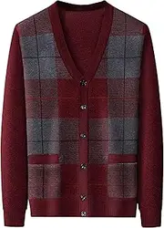 [SWJGLITTR] Men V Neck Sweater Cardigan Buttons Argyle Pattern Mens Cardigans Wool Blend Cable Knit Sweaters Jacket, A5 Wine Red, Medium