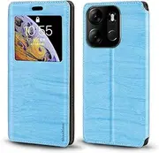 [Shantime] Viewable Window Leather Flip Case Compatible with Tecno Pop 7 Pro, Elegant Design Clear Display Invisible Magnetic Cover and Card Slot(Sky Blue)