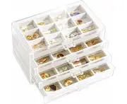Acrylic Earring Org Box Jewelry Holder Org with 4 Drawers, Clear Stackable Earring Holder Storage Case with Adjustable Velvet Trays for Women on D