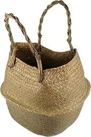 GLEAVI 1Pc Seagrass Woven Belly Basket with Handles Decorative Storage for Living Bedroom Nursery More Collapsible Versatile Home Organizer