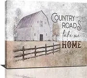 Farmhouse Rustic Wall Decor Hand Painted Barn Canvas Wall Art Painting Pictures Country Roads Take Me Home Artwork For Bedroom Bathroom, 24x20 Inch