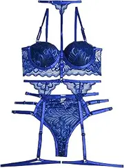 [Generic] Women Garter Strappy Bra Panty Set Lace Lingerie Sets Babydoll Underwire Sexy Teddy Plus Size Underwear
