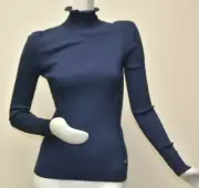$1245 NEW Chanel Sweater Pullover Mockneck Top CC Blue WOOL Ribbed Turtle 44 46