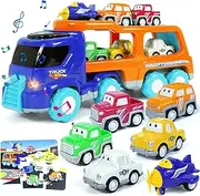 Peeokuo 5 Pack Cars Toys for 3 4 5 Years Old Toddlers Boys & Girls Gift, Big Transport Truck with 3 Small Cute Pull Back Trucks and 1 Small Airplane, Carrier Truck with Sound & Light (Orange-Blue)