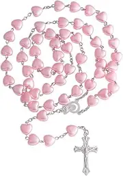 [OEMOO] Rosary Beads Catholic for Woman, Pink Heart Shaped Rosary Necklace, Bead Necklace First Communion Gifts for Girls Catholic