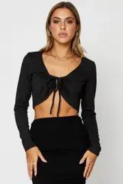 Black Tie Front Top Long Sleeve Crop - Size L, Women's Tshirt
