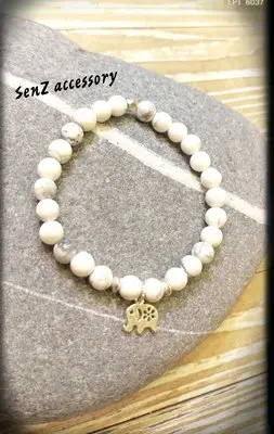 【 SenZ accessory 】獨家客製化925純銀珠串珠手鍊/手環 白紋石/白龍紋石/白松石 大象造型 清邁珠