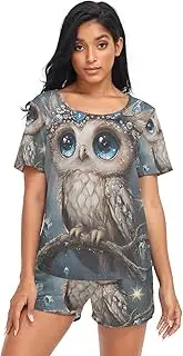 [RPLIFE] Cute Owl Woman Short Pajama, Summer 2 Piece, Cute Owl, Large