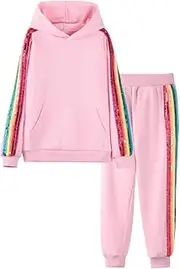 [WELAKEN] Girls 2 Piece Outfit Rainbow Sequin Striped Sweatshirt & Sweatpants Clothing Set