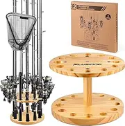 PLUSINNO V12 Fishing Rod Holders for Garage, Vertical Pole Wooden Round Floor Stand, Rack Holds up to 12 Rods or Nets Storage Organizer Racks, Gifts Men, Medium