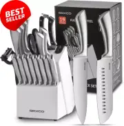 19PCS Kitchen Knife Set with Block & Sharpener 6 Chef Knives 8Steak Knives White