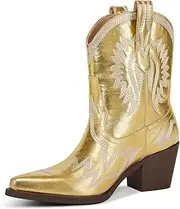 [HOCHFART] Western Boots for Women Metallic Embroidered Pointed Toe Cowgirl Boots Chunky Heel Pull-On Short Cowboy Boots Wide Calf Country Ankle Boots