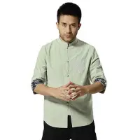 在飛比找Yahoo!奇摩拍賣優惠-米尼也中國風男裝立領盤扣襯衫復古唐裝棉七分袖刺繡襯衫