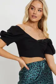 Black Crop Top Short Sleeve Sweetheart - Size 14, Women's Semi Crop