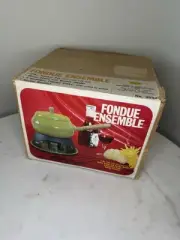 1970 Imperial Fondue Pot Ensemble Green Porcelain Burner New condition 3599