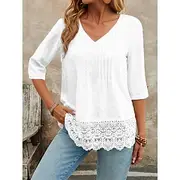 Women's Lace Splicing Top Solid Color Elegant Stylish Basic Half Sleeve V Neck Regular Tops Daily Lace Patchwork Buttons Black White Pink Blue Summer