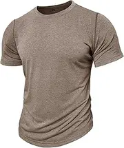 [Zylphorix] Men Contrast Round Neck Short Sleeve T-Shirt Jogging Breathable Basic Sport Shirts Summer Classic Cozy Sweatshirt, Khaki, Medium
