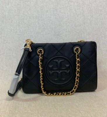 NEW Tory Burch Soft Fleming Black Leather Small Chain Tote Bag W/ Shoulder Strap