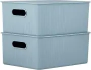 Superio 15L Medium Stone Blue Ribbed Storage Bin with Lid, Plastic (2 Pack)