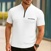 Men's Waffle Polo Shirts Zip Polo Casual Holiday Quarter Zip Short Sleeve Fashion Basic Plain Quarter Zip Summer Spring All Seasons Black White Navy Blue Orang