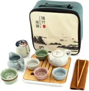 Ceramic Kungfu Tea Sets 12 Piece,Mini Protable Travel Tea Set with Tea Pot, 4X T