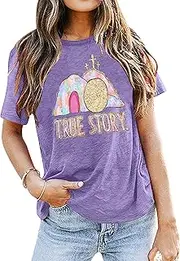 [LOTUCY] Easter Shirt Women True Story of Jesus T-Shirt Christian Gift Retro Faith Religious Casual Tee Top
