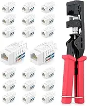Everest easyJACK - 45° Angled Speed Termination Keystone Tool Set - with 20-Pack of RJ45 Cat6A Keystone Jacks in White (Slim Profile Design) - Time Saver Network Punch Down Tool Cat6A